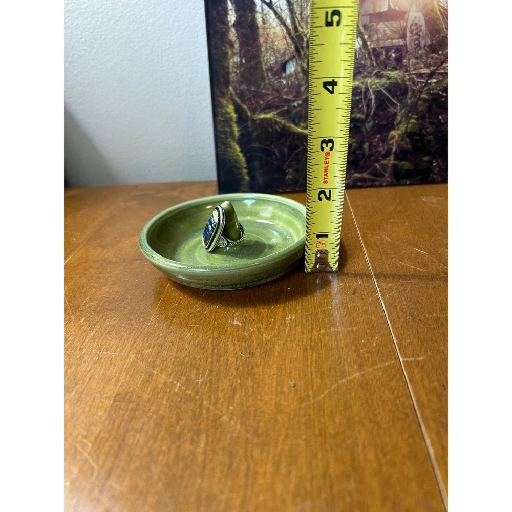Studio Pottery Handmade Ceramic Ring Holder Dish Sage Green Glazed Signed SP